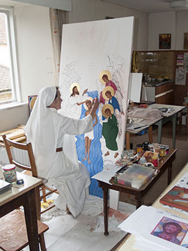 Sr. Esther at work on a new icon